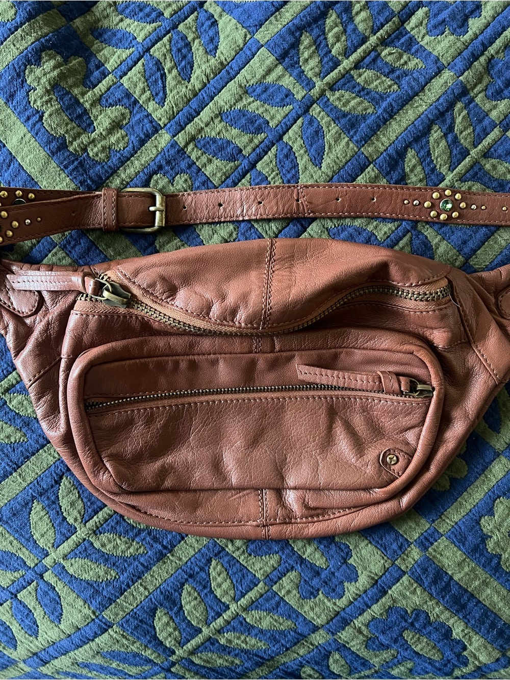 Free People Brown Leather Crossbody Waist Bag with Studded Strap